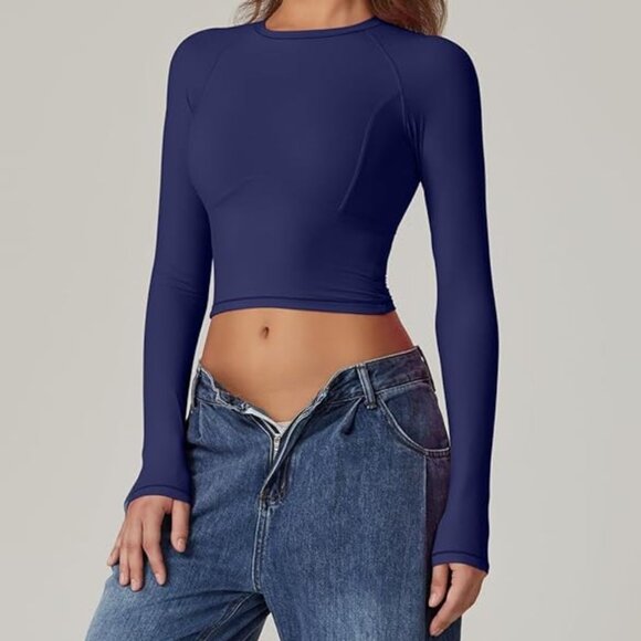 QINSEN Womens Crewneck Long Sleeve Shirt Double Lined Basic Tees Side Ruched - Picture 2 of 2